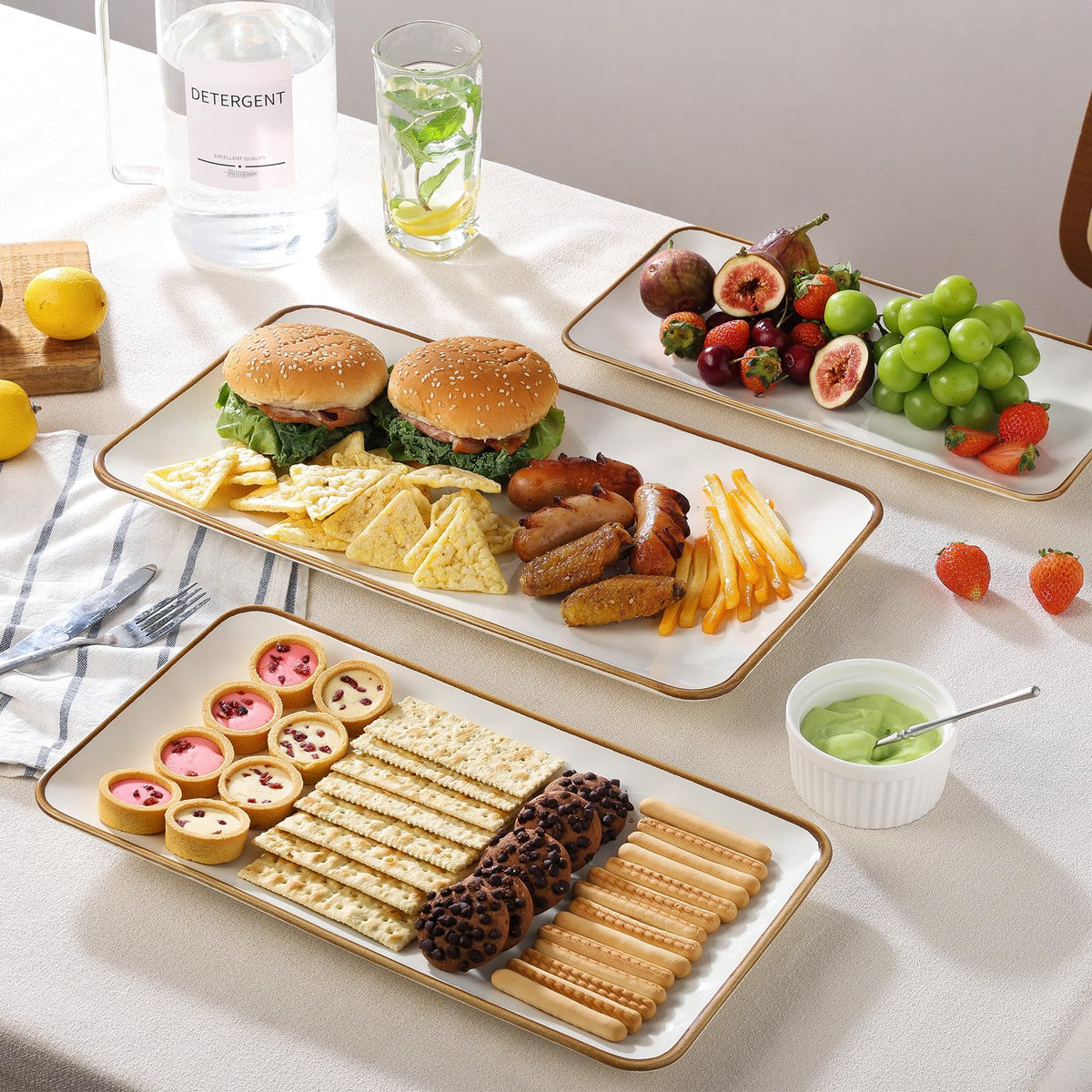 CULIVORA ceramic rectangle serving platter with brown rim in small size for cheese and snacks.
