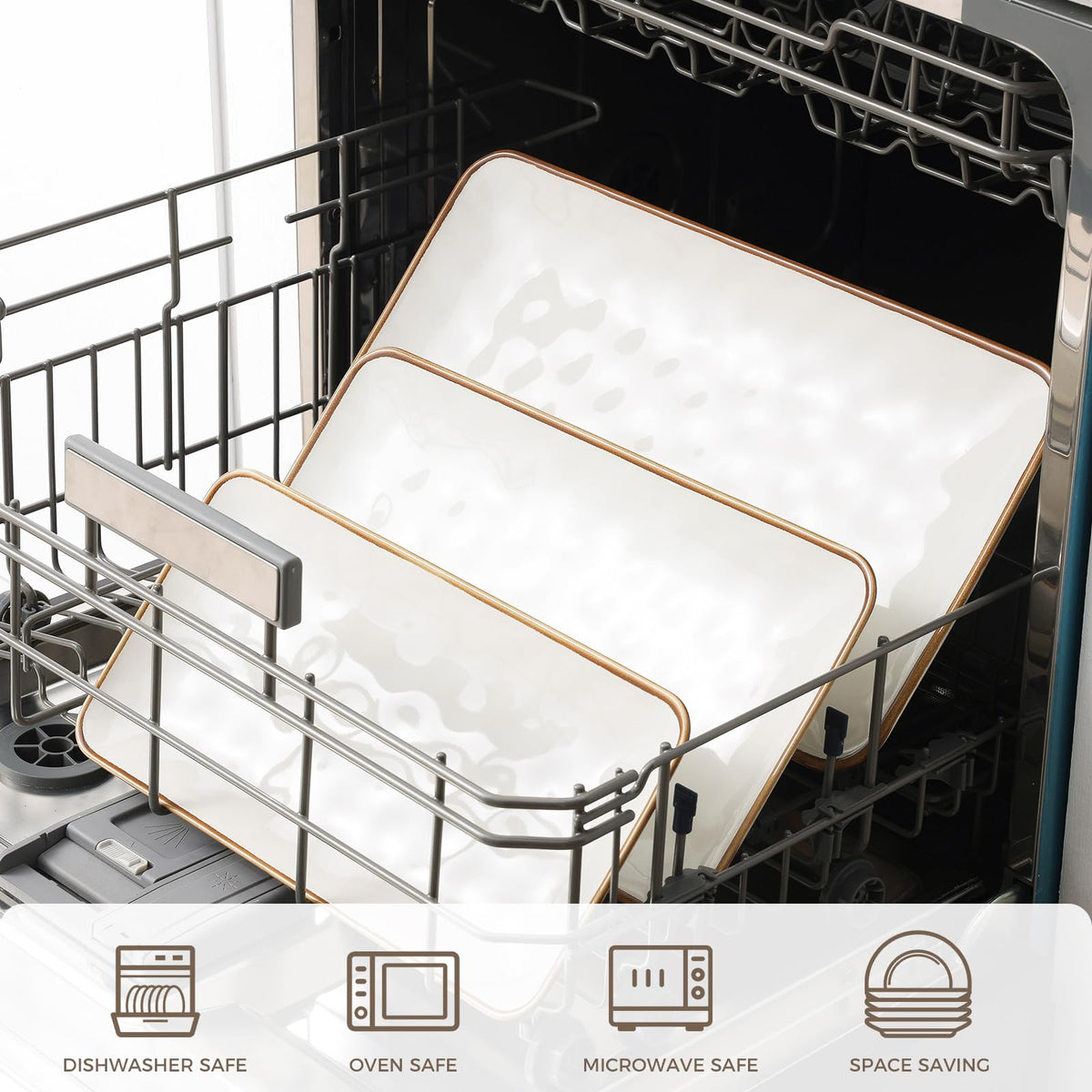 CULIVORA ceramic rectangle serving platter highlighting microwave compatibility and dishwasher safety.