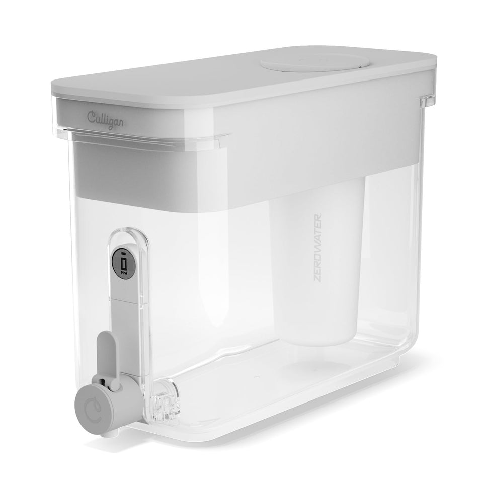 Culligan ZeroWater 33-Cup Dispenser on kitchen counter for convenient filtered water.