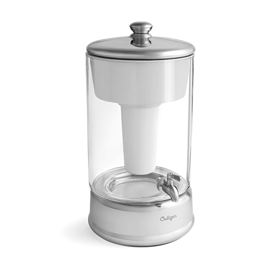 Culligan ZeroWater 40-cup glass dispenser shown with sleek design and filtration capability