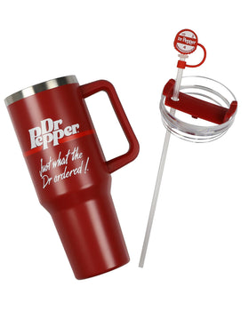 Culture Fly Dr Pepper silicone straw topper with bottle-cap graphic keeps straw clean.