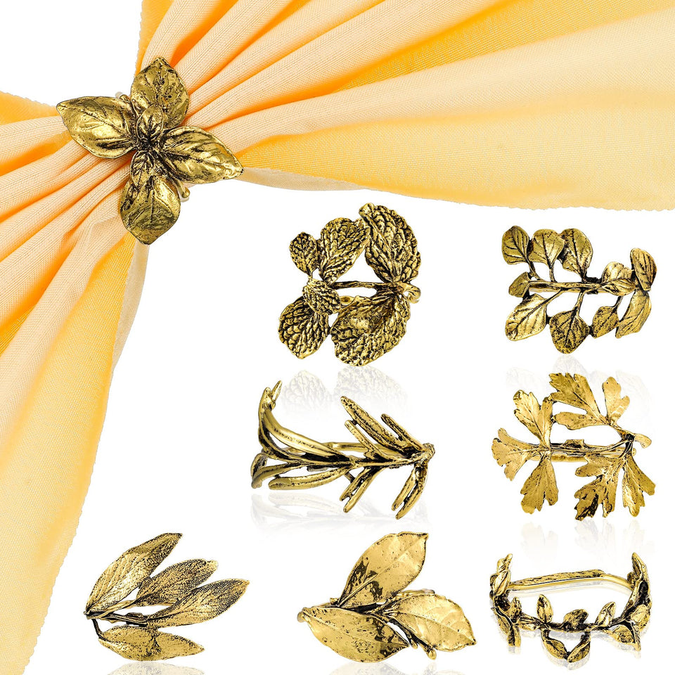Cunhill 8-piece herb napkin rings set with vintage leaf motifs for elegant gatherings