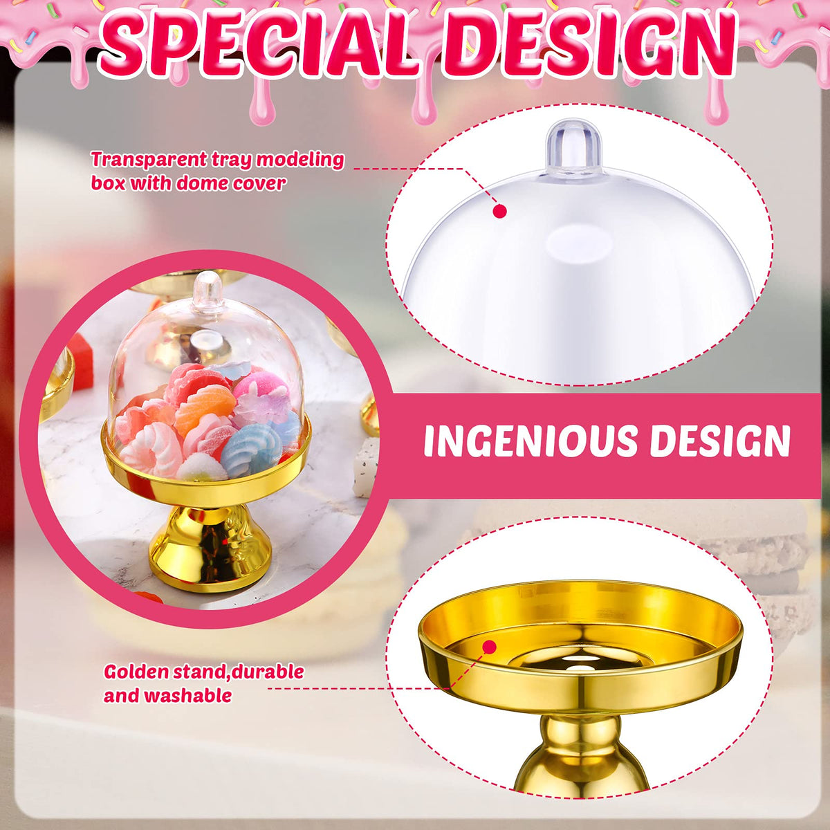 Cunhill cake stand with dome close-up in gold finish