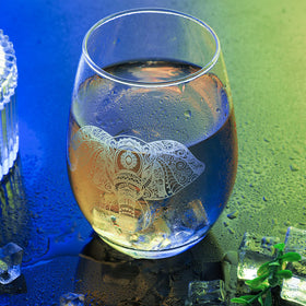 Close-up of Cunhill elephant stemless glass etched detail