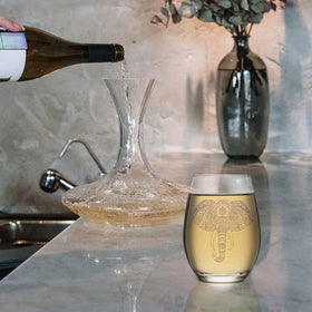 Cunhill elephant stemless glass with beverage, versatile for wine or tea