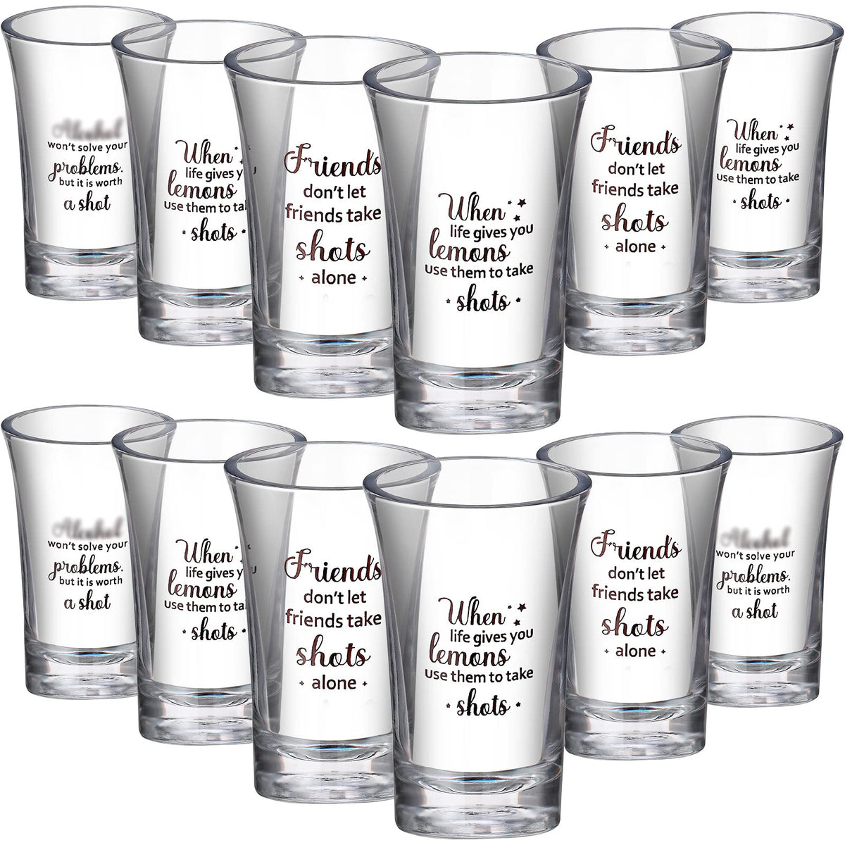 Cunhill funny shot glasses 12-pack in clear acrylic, ideal for lively parties.