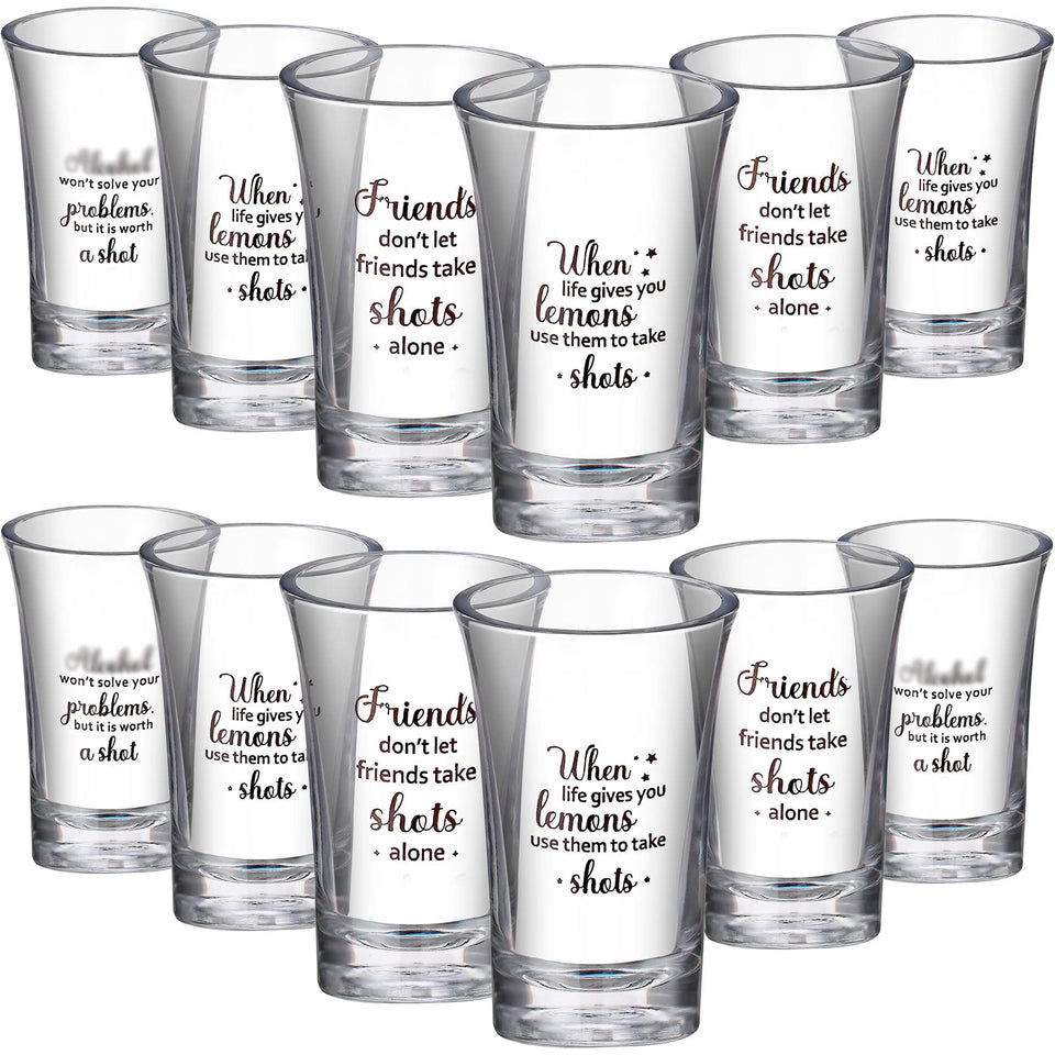 Cunhill funny shot glasses 12-pack in clear acrylic, ideal for lively parties.