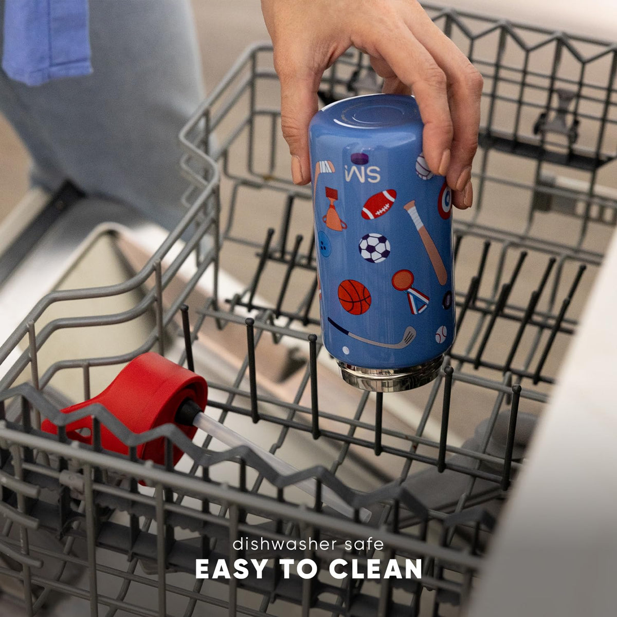 Cupholder-friendly and dishwasher-safe bottle for quick cleanup.