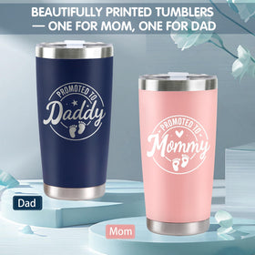 CUPLOOV navy tumbler with Promoted to Daddy, ideal for staying hydrated.