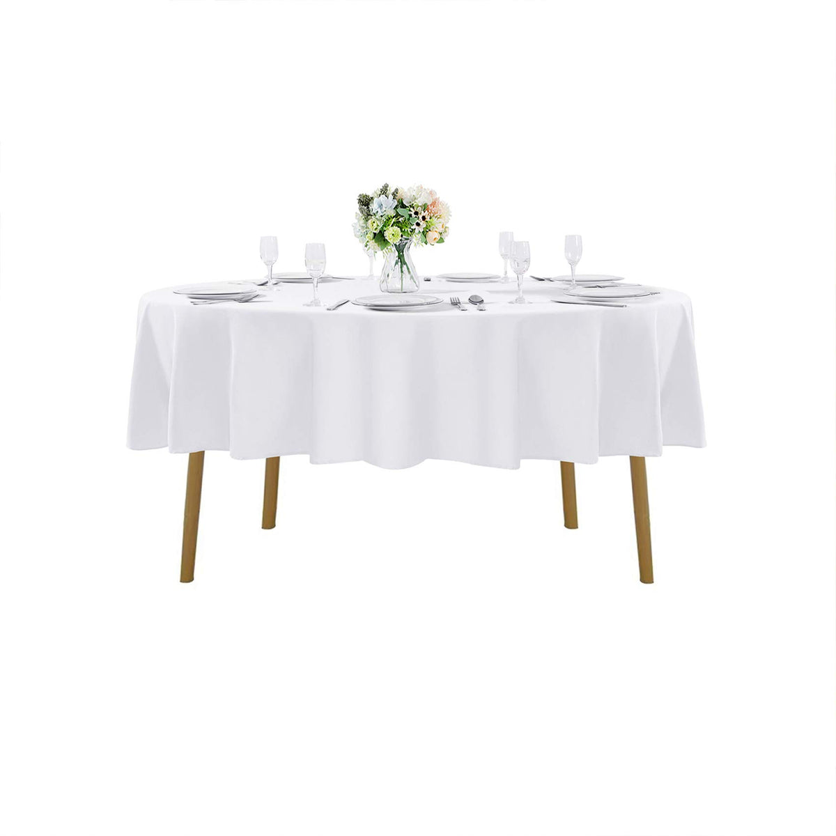 Cupuamon 90in round white tablecloth on banquet table, elevates dining elegance.