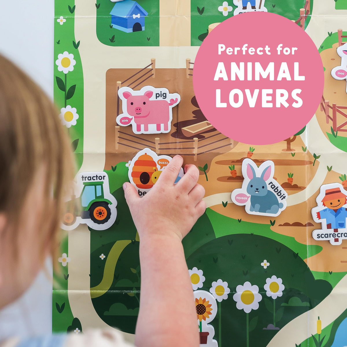 Curious Columbus cow magnet supports recognition and pretend farm play.
