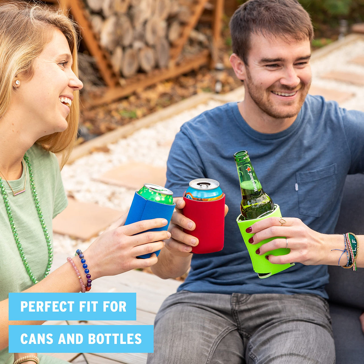 Stretchable fit covers standard 12oz cans and taller bottles securely