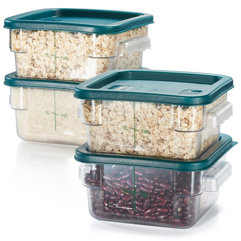 CURTA 4-pack square containers with green lids, front view, ideal for pantry organization