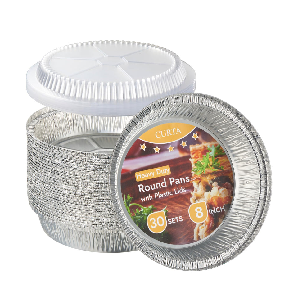 CURTA 8in round aluminum foil pan with clear lid for easy viewing and meal prep.