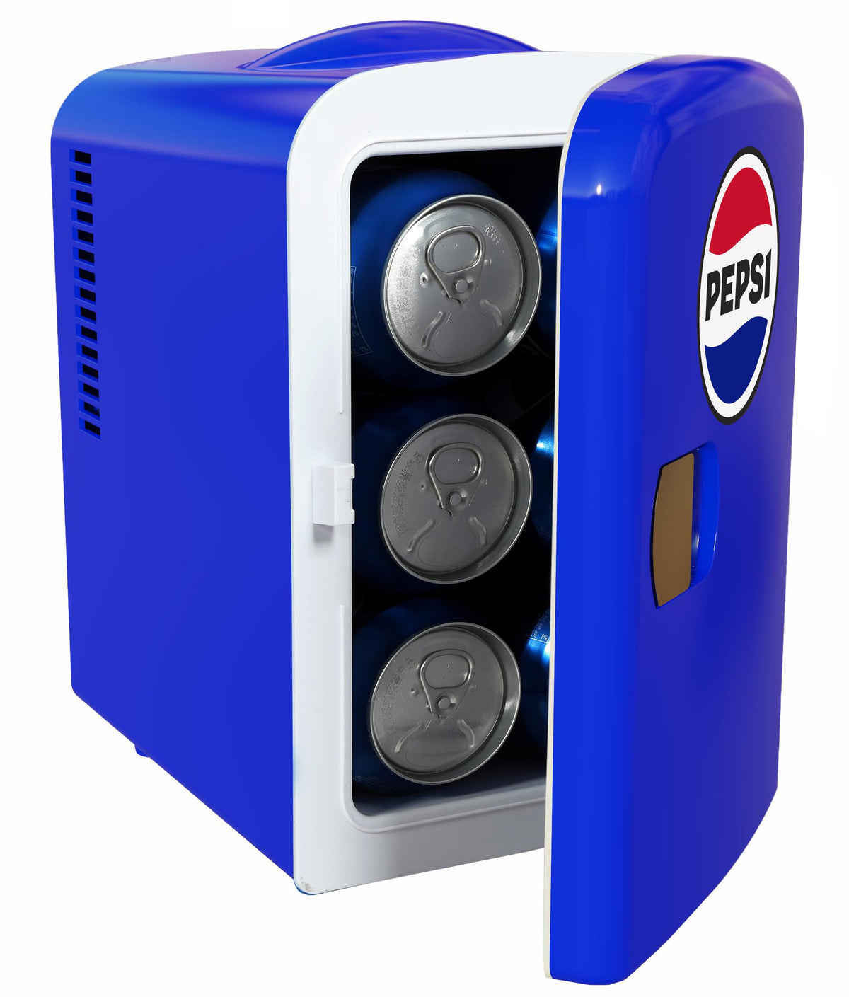 Curtis Pepsi mini-fridge lid open shows accessible drinks in a slim footprint