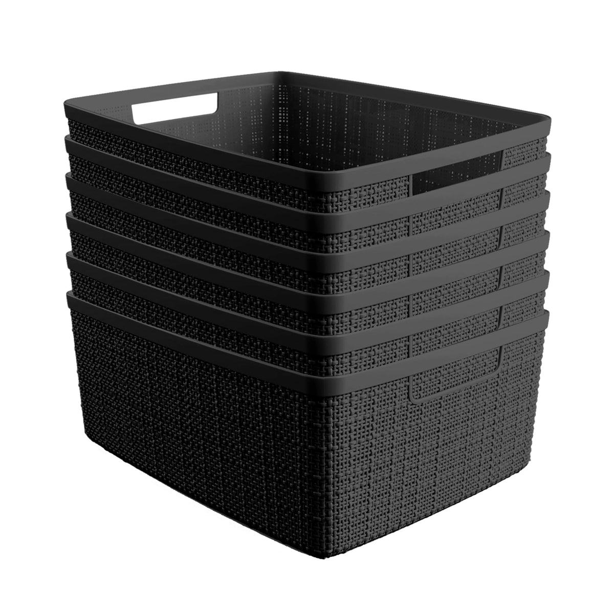 Curver 6-pack 12L jute-style baskets offer stylish storage on black shelves for home organization.
