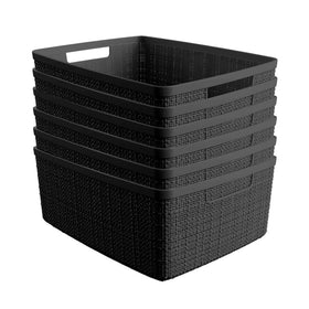 Curver 6-pack 12L jute-style baskets offer stylish storage on black shelves for home organization.