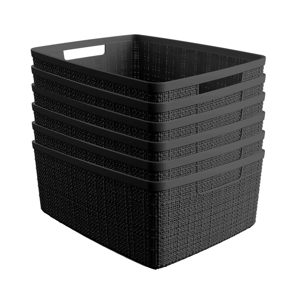 Curver 6-pack 12L jute-style baskets offer stylish storage on black shelves for home organization.