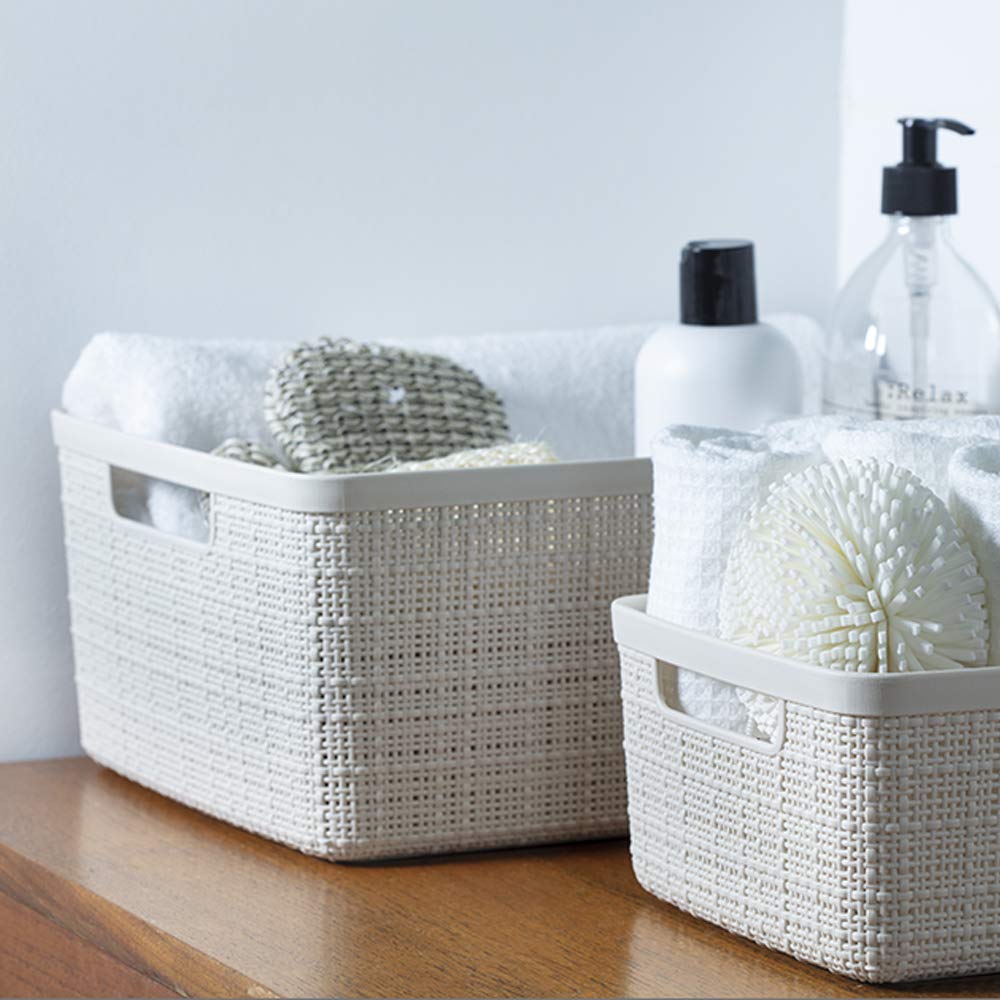 Curver set6 white basket in bedroom for accessories and essentials.