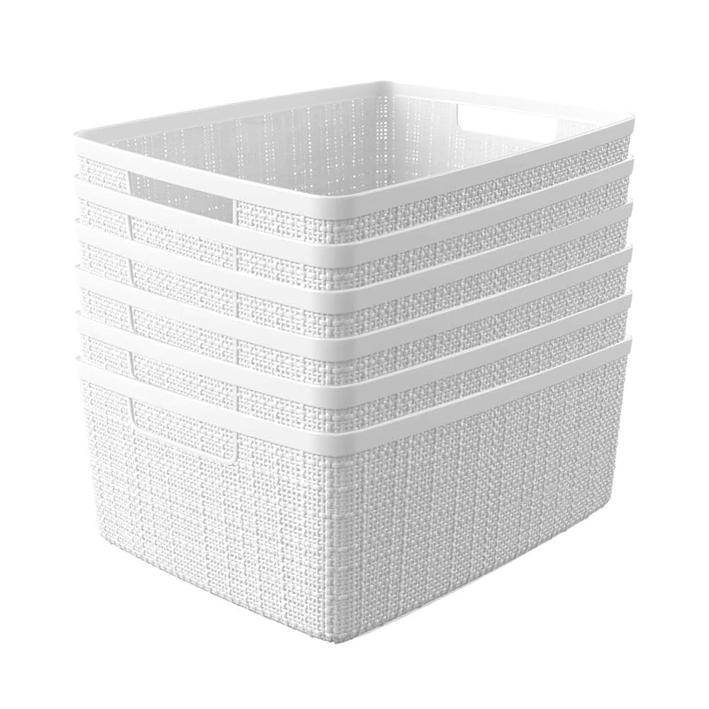 Curver set6 white jute-style basket on open shelf for neat display.