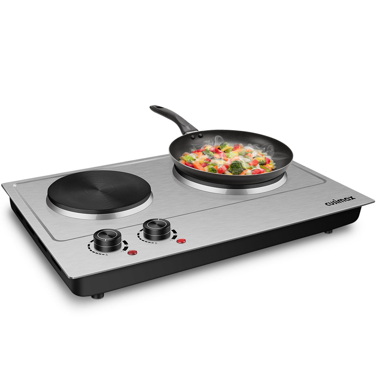 CUSIMAX double hot plate left burner with control knob, ideal for simmering sauces.