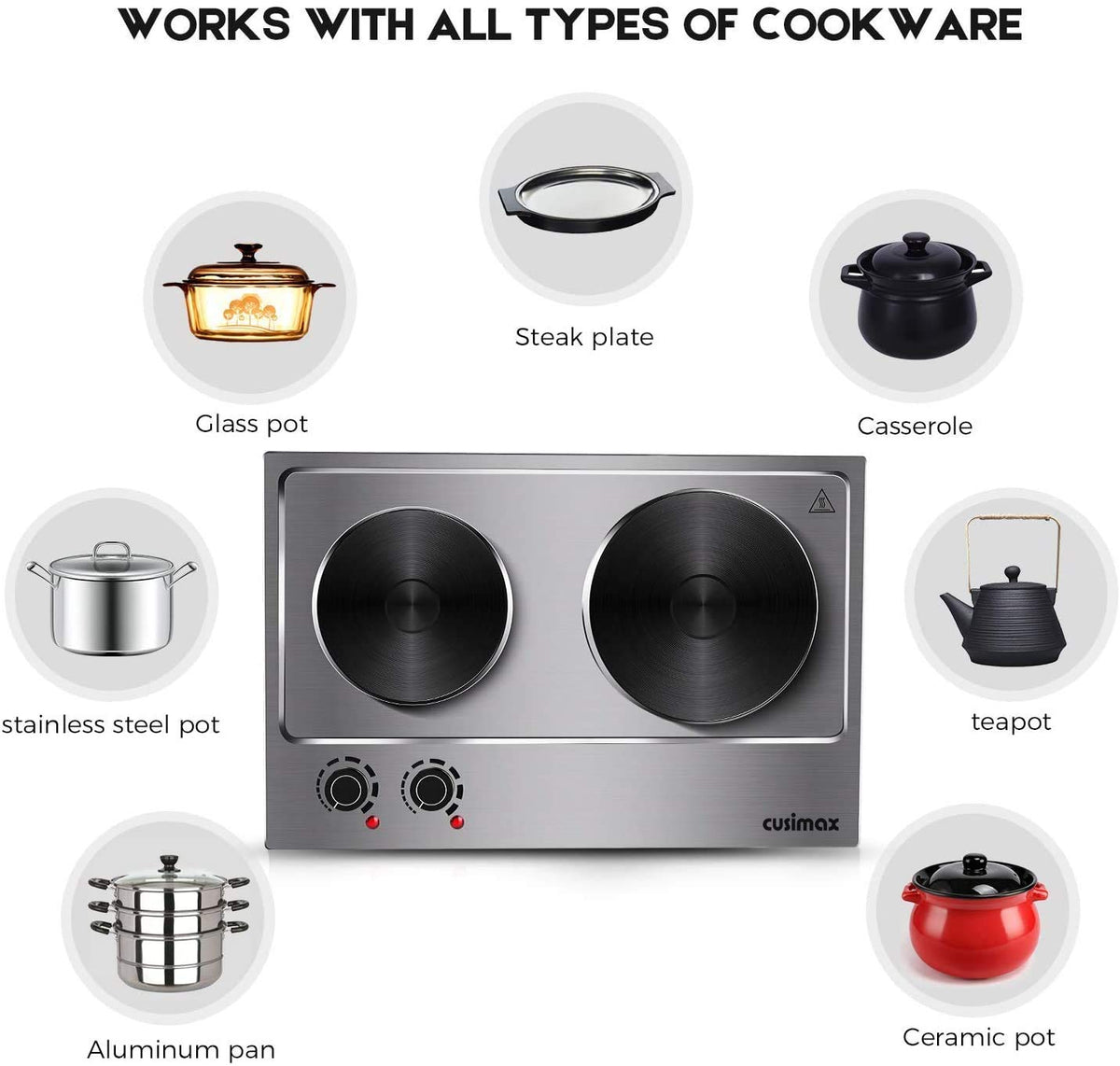 CUSIMAX double hot plate right burner; durable stainless steel for everyday cooking.