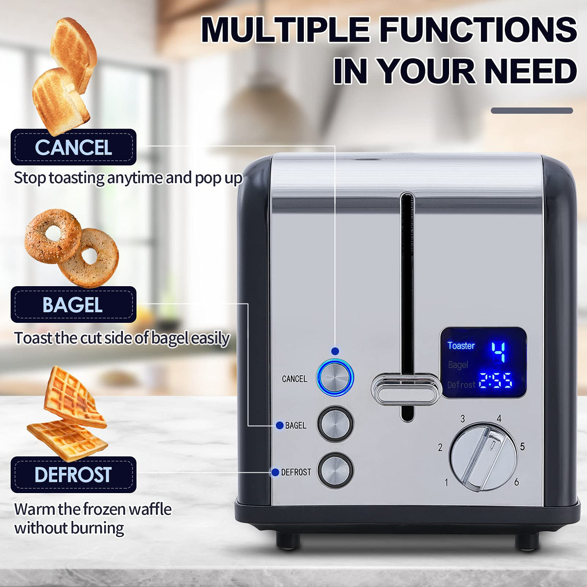 Blue indicator light highlights active function like Cancel or Defrost on the CUSIMAX toaster