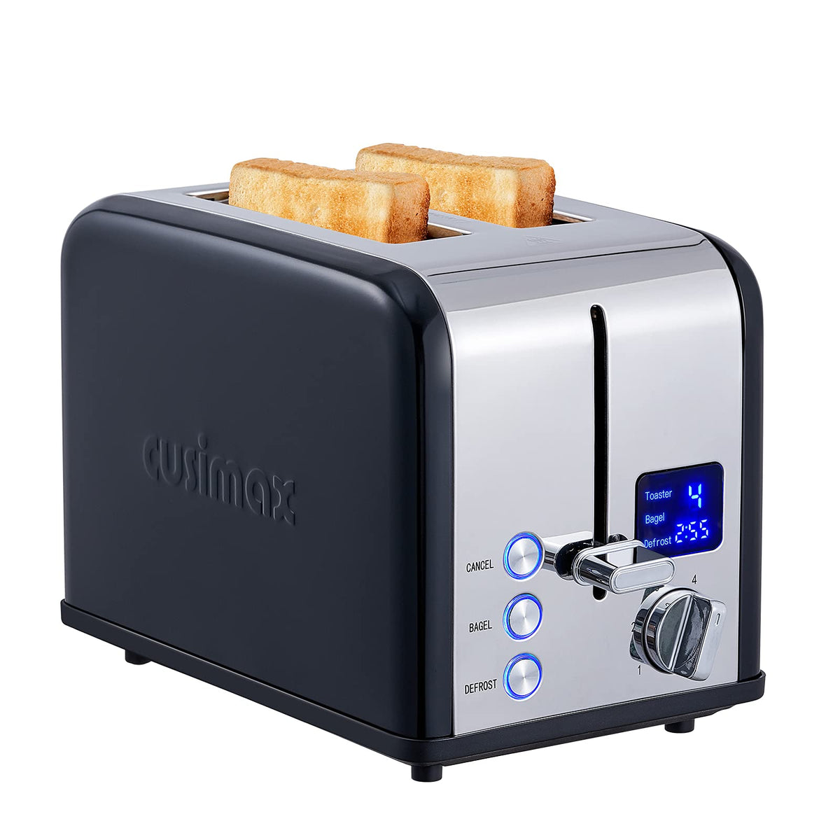CUSIMAX 2-Slice Toaster with LED display shows countdown and settings for precise toasting