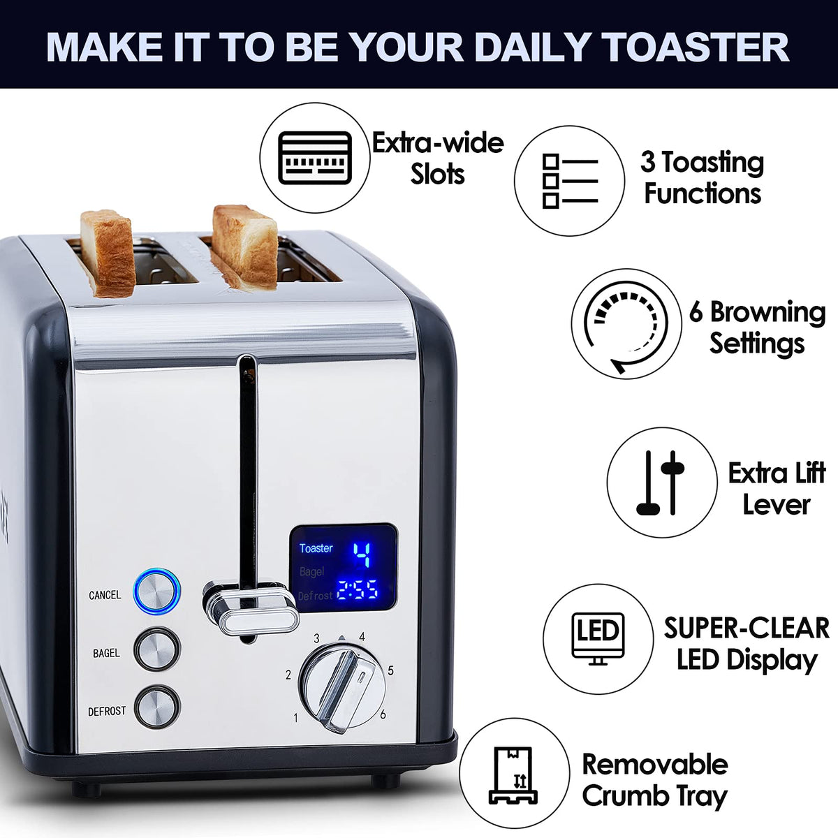 CUSIMAX toaster with 1.5 inch wide slots for thick bread types