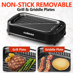 CUSIMAX 2-in-1 grill and griddle with glass lid for versatile meals.