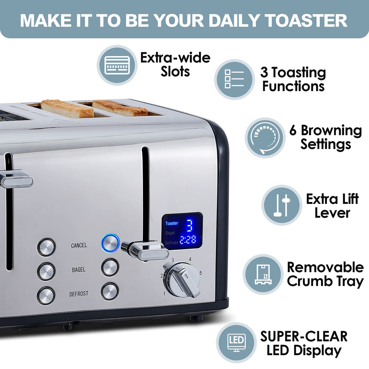 CUSIMAX toaster dual control panels enable independent browning across two slices.