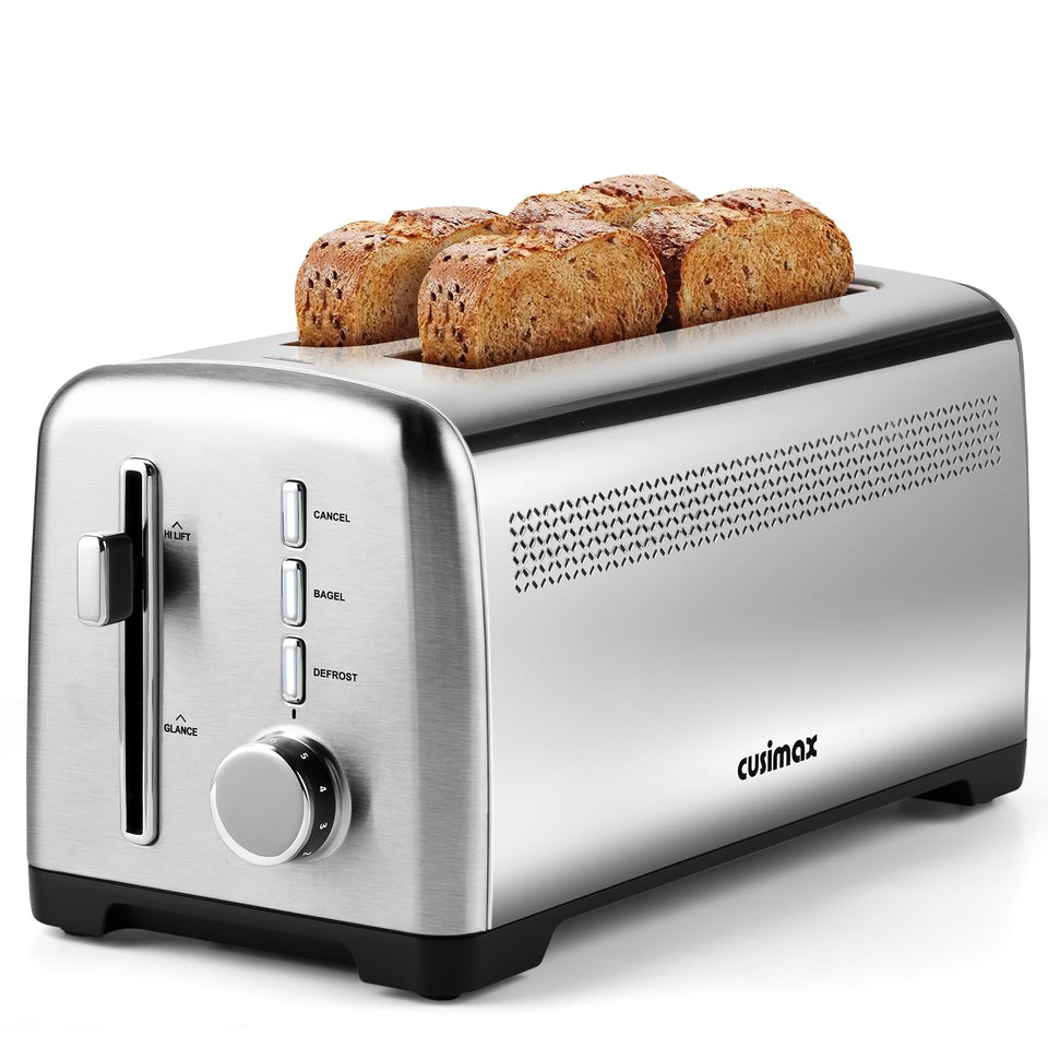 CUSIMAX 4-slice toaster with extra-long slots for artisan bread, even toasting.