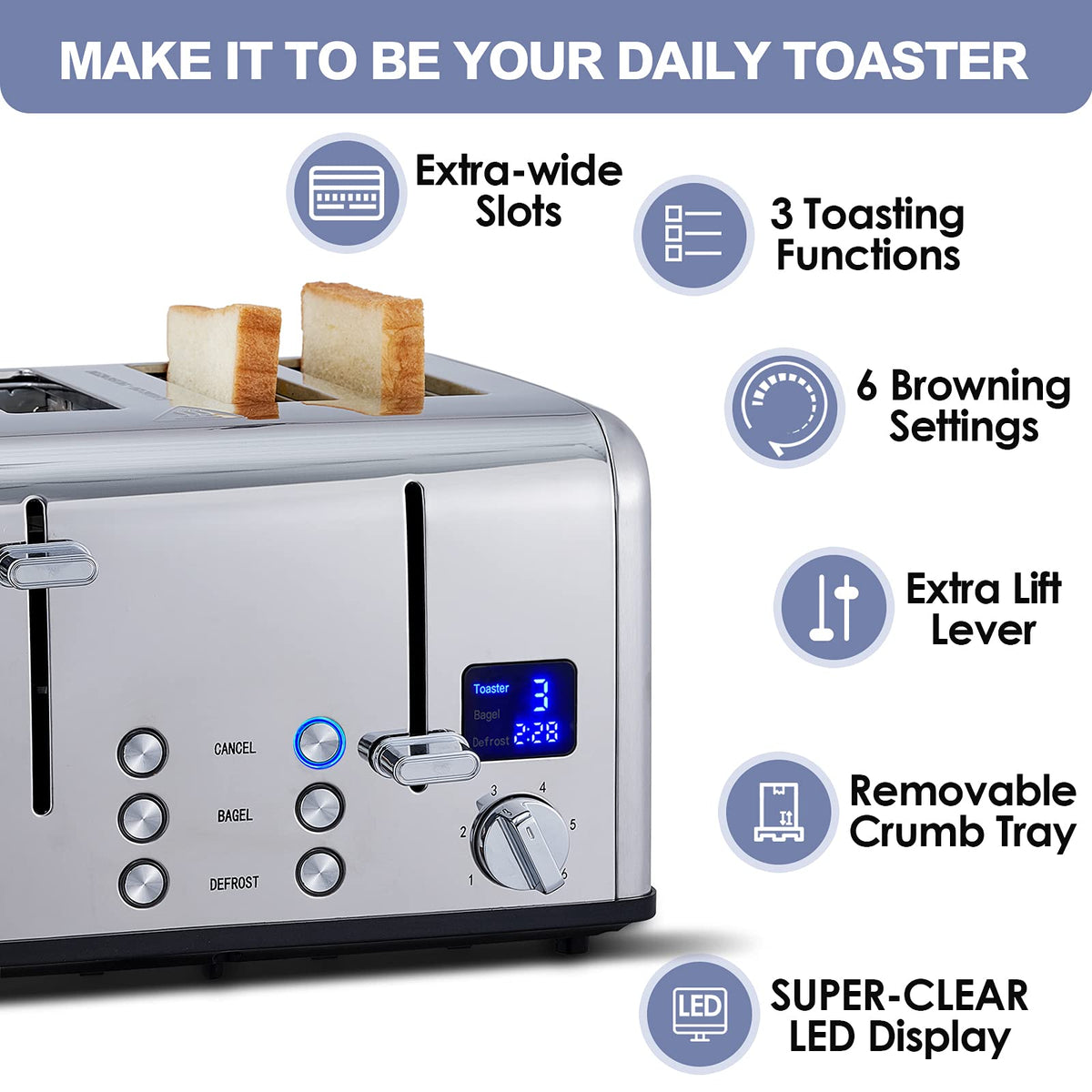 CUSIMAX 4-Slice Toaster LED display shows countdown and browning settings