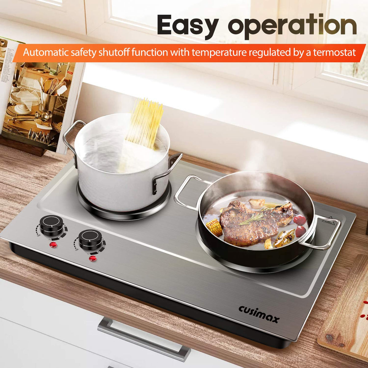 CUSIMAX cast-iron burners deliver steady heat for consistent results.
