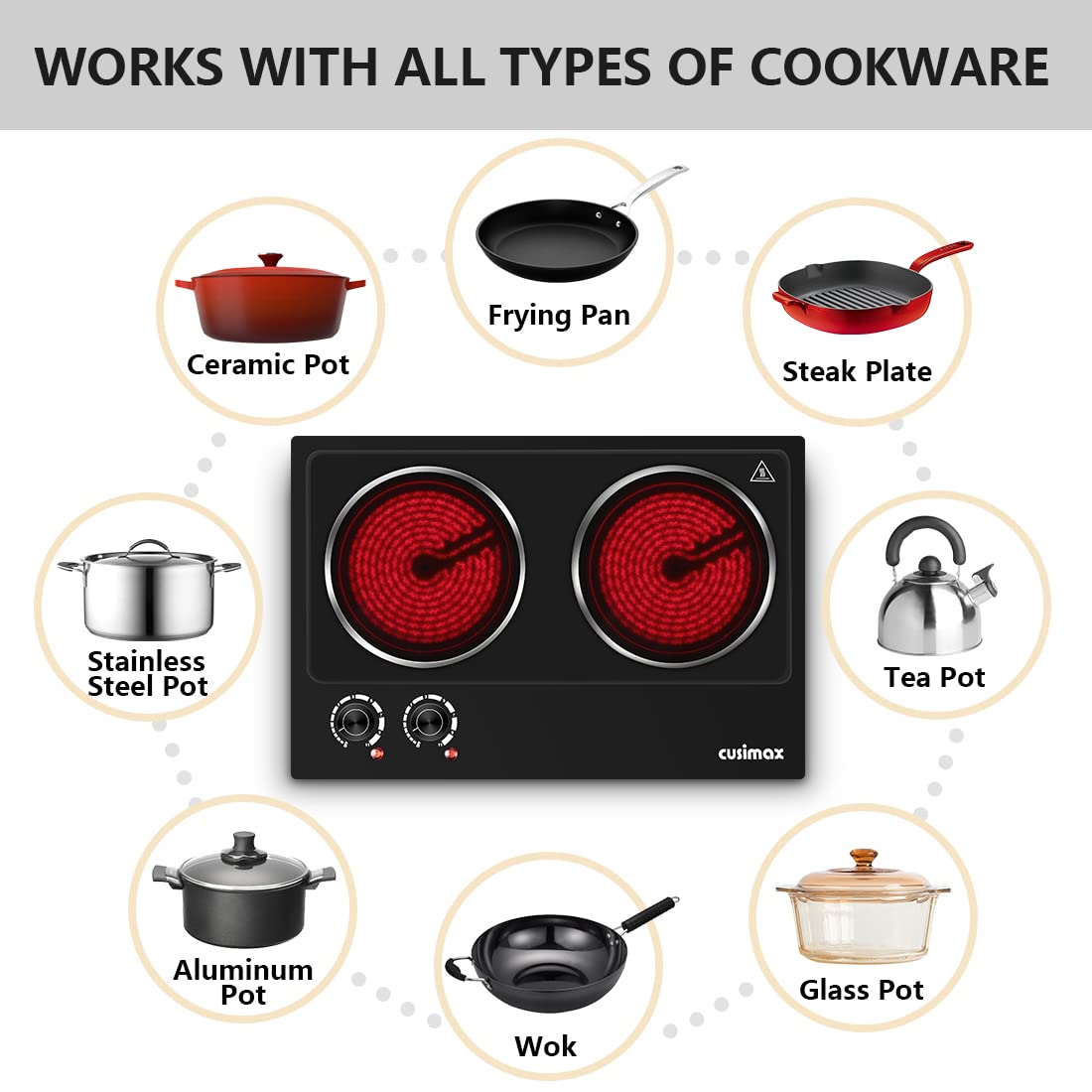 CUSIMAX ceramic infrared cooktop surface ready for various cookware types.