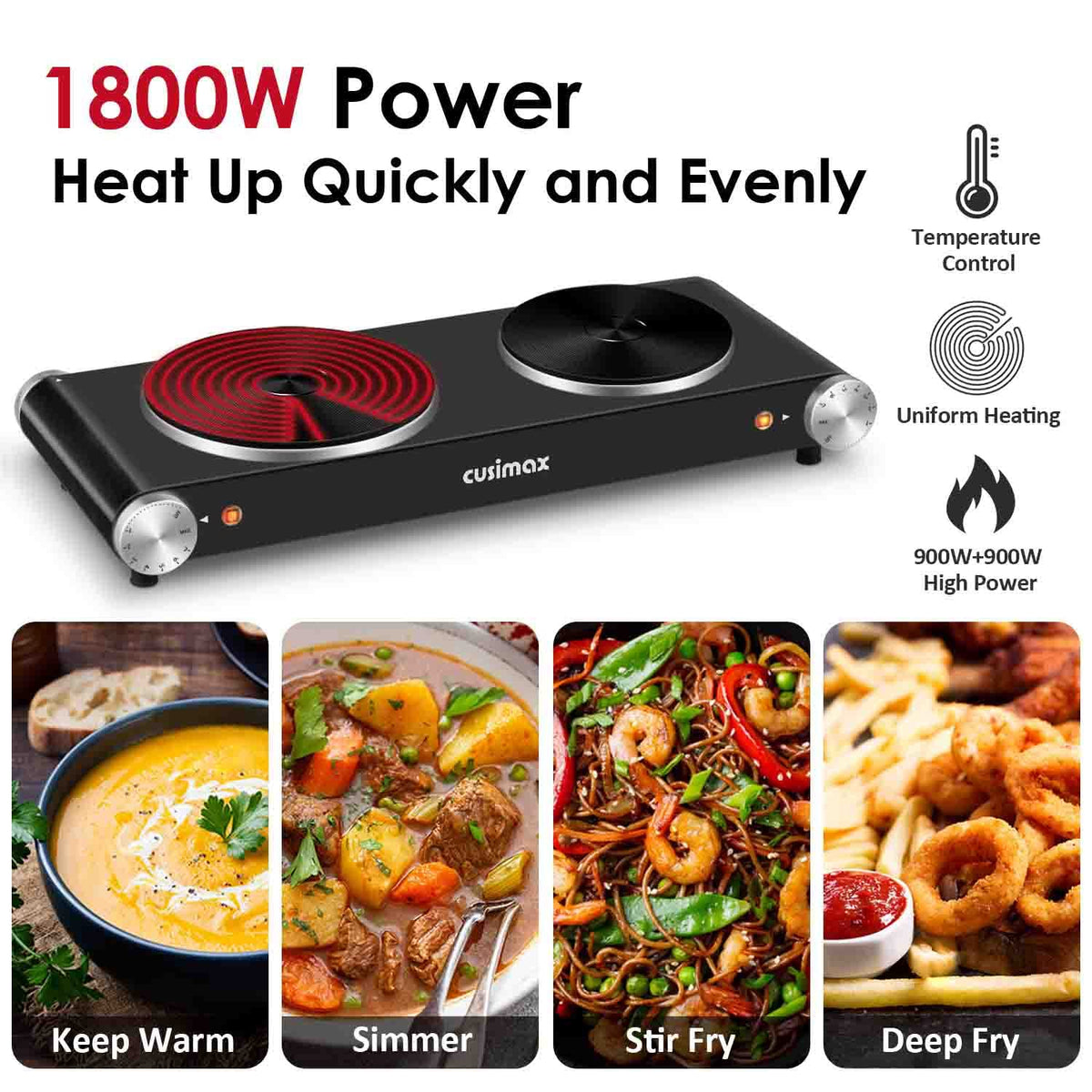 CUSIMAX double burner hot plate shown with two active zones for meal prep.