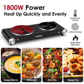 CUSIMAX double burner hot plate shown with two active zones for meal prep.