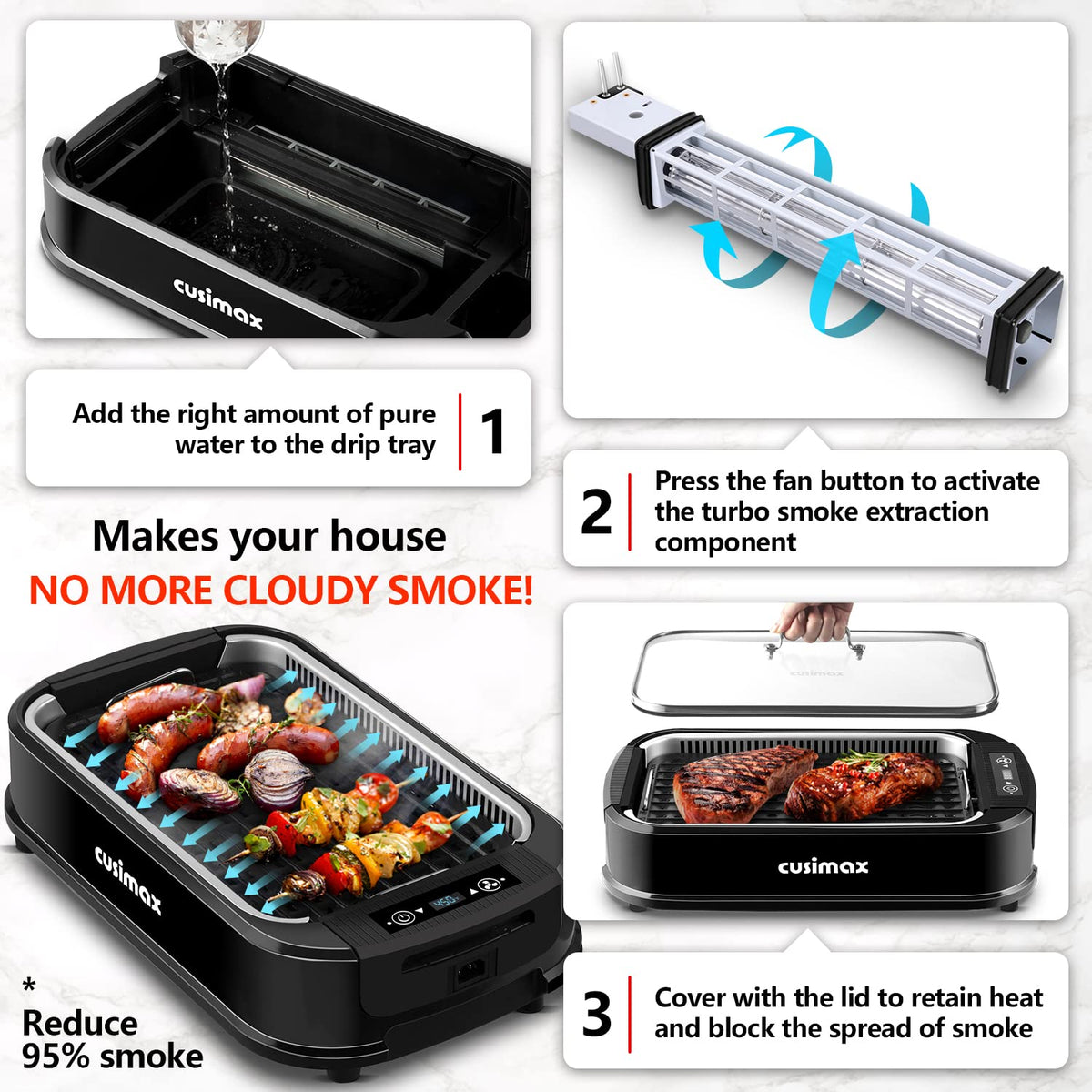 CUSIMAX double U heating tubes deliver fast, even cooking.