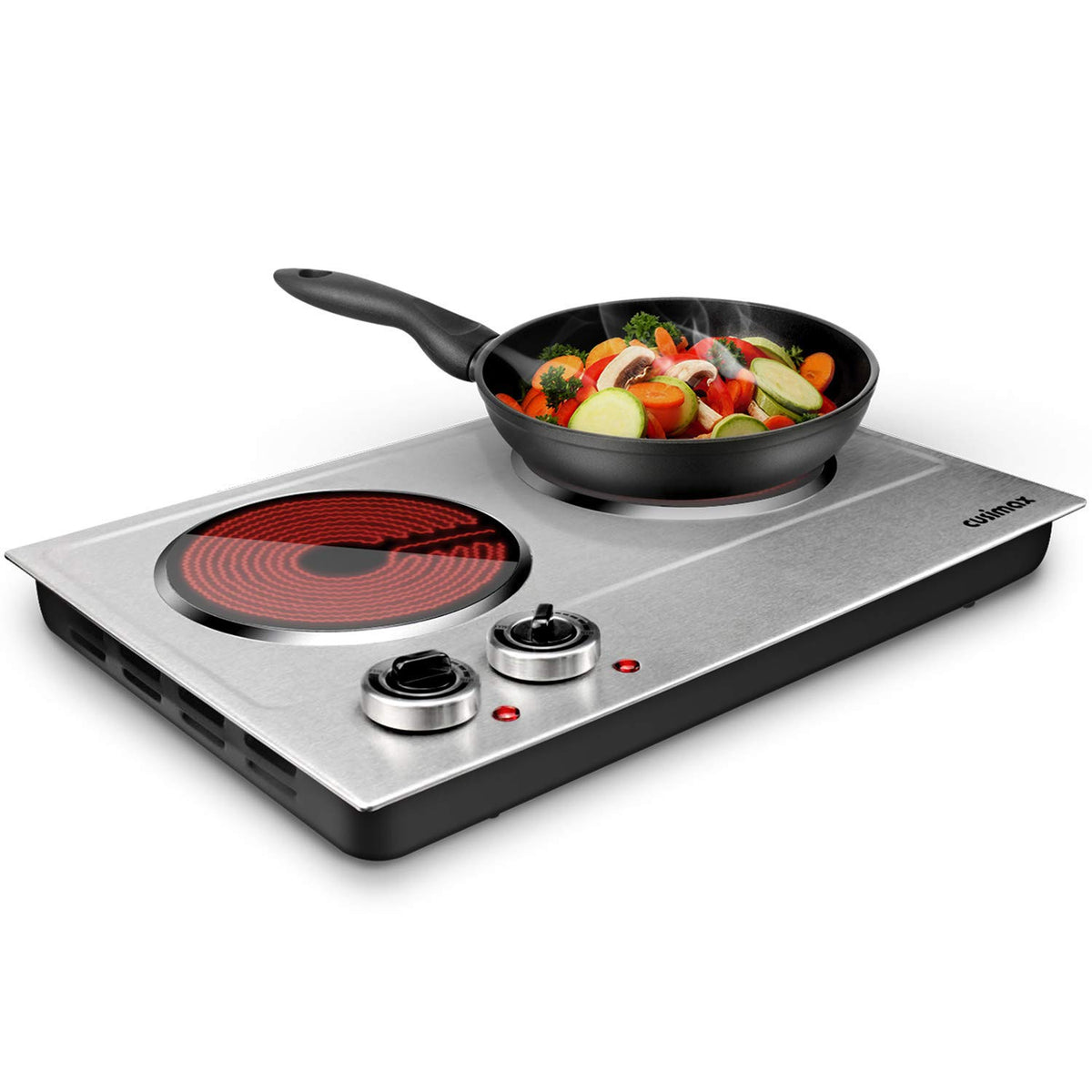 CUSIMAX dual-burner ceramic hot plate on kitchen counter for versatile cooking