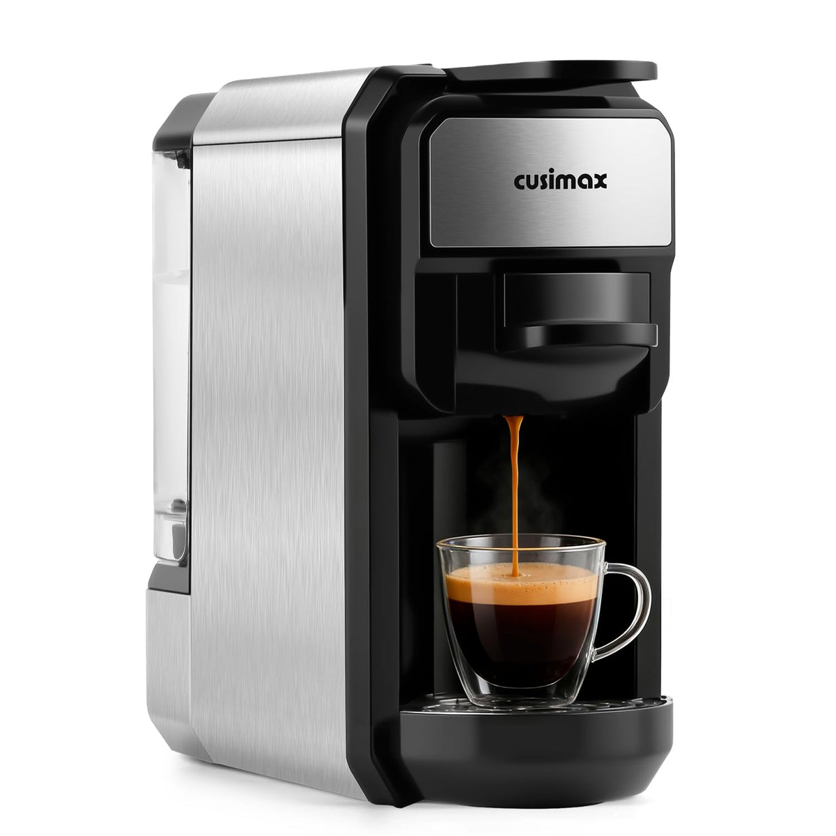 CUSIMAX espresso machine front view showing compact stainless steel design for small spaces