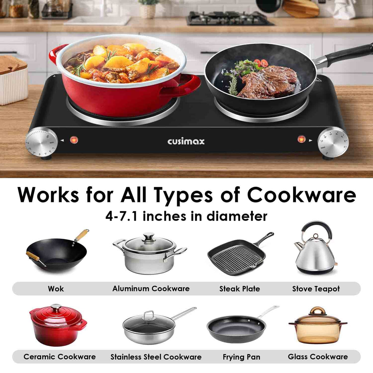 CUSIMAX heating plates 6.1 and 7.4 inches accommodate different pots.