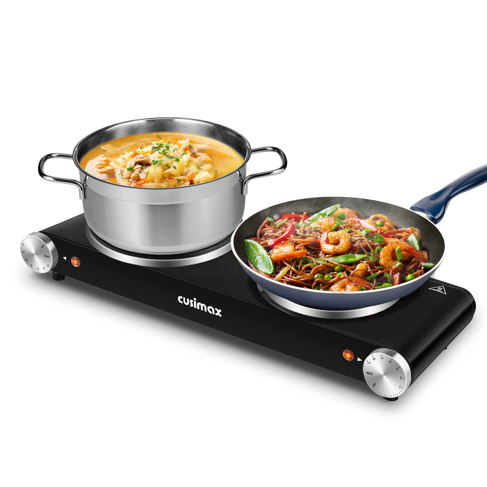 CUSIMAX hot plate compact design on a countertop for portable cooking in tight spaces.