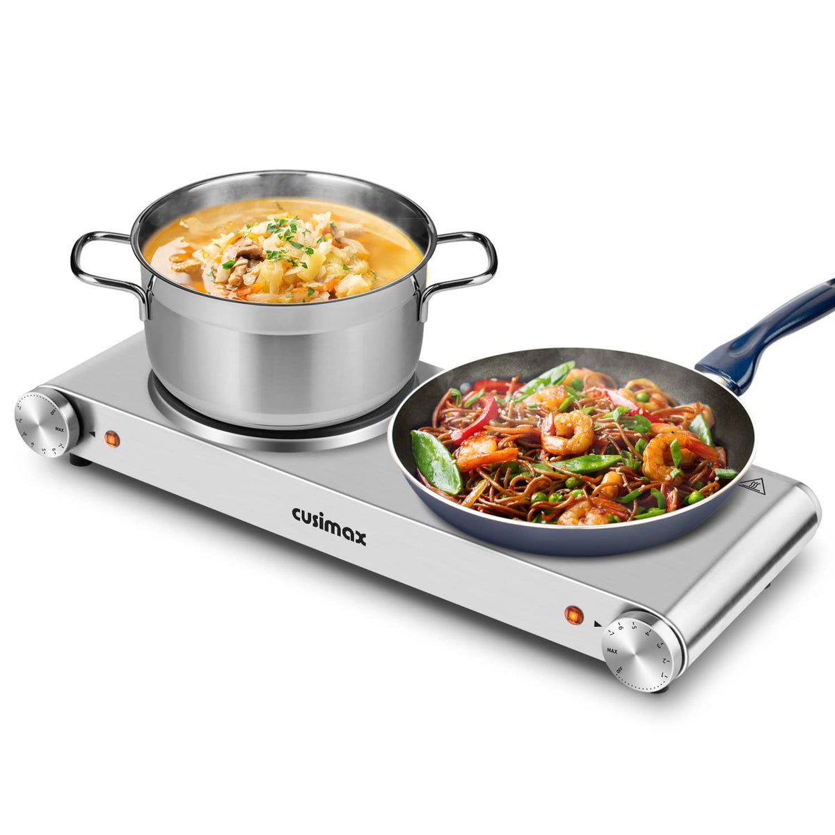 CUSIMAX hot plate dual burner top view, ideal for quick meals in small kitchens.