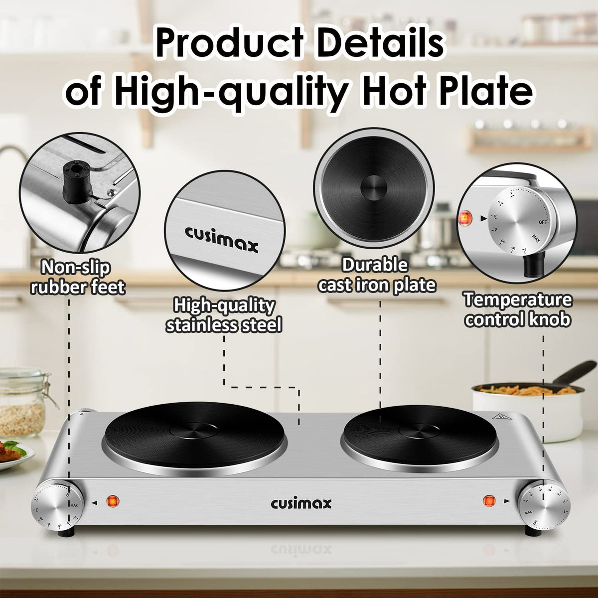 CUSIMAX hot plate thermostat control, precise temperature for sauces, eggs, and reheating.