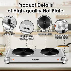 CUSIMAX hot plate thermostat control, precise temperature for sauces, eggs, and reheating.