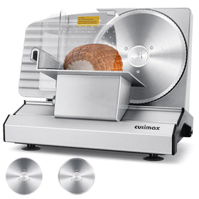 CUSIMAX meat slicer blade detail showing precise 8.7-inch blade for even slices