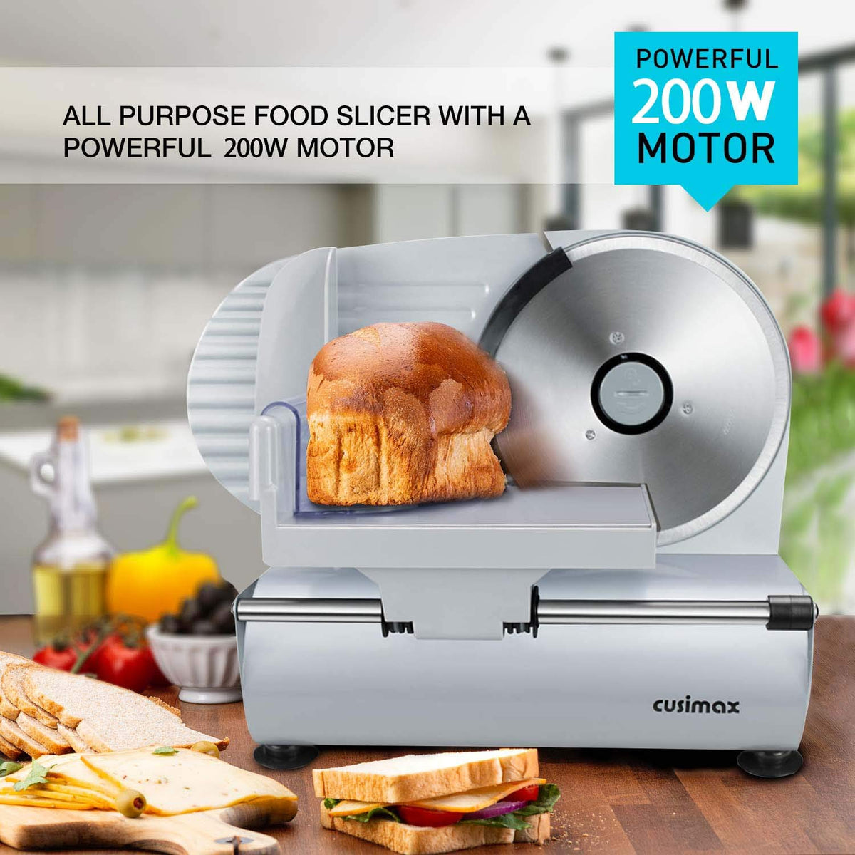 CUSIMAX meat slicer with dual blades for clean cuts of beef, cheese, and fruits