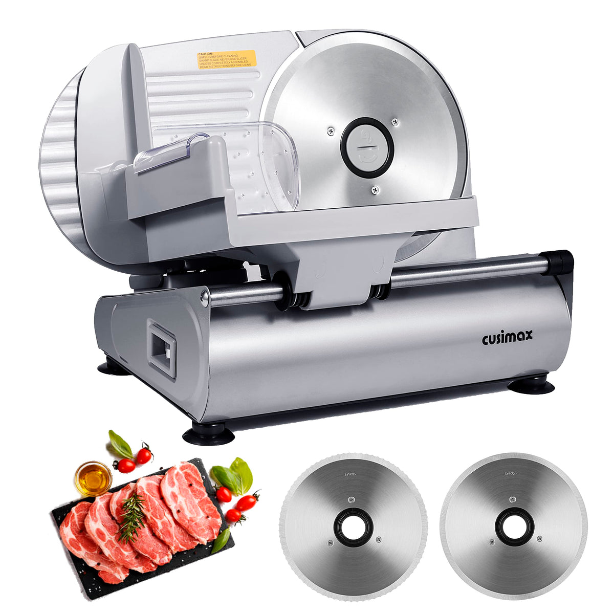 CUSIMAX meat slicer on counter for quick, even deli slicing at home