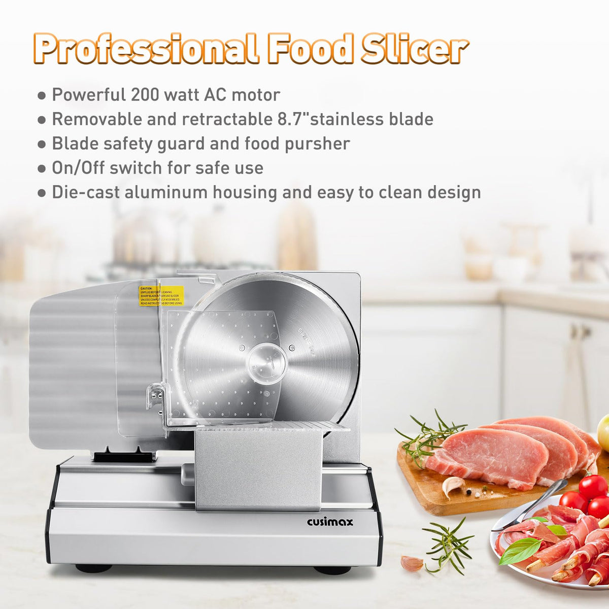 CUSIMAX meat slicer removable carriage for easy cleanup and flexible slicing