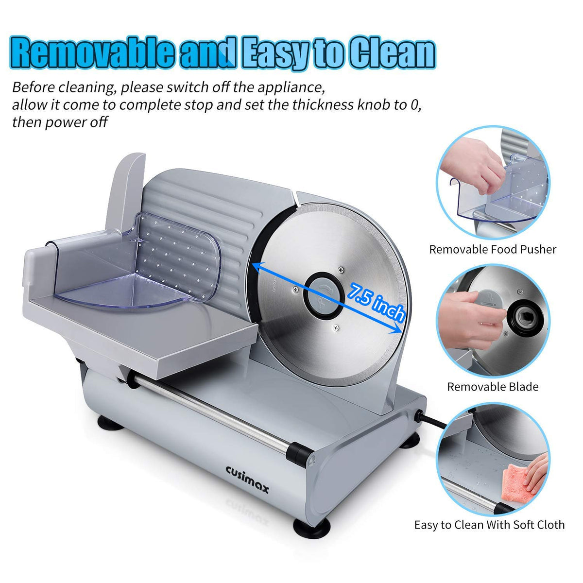 CUSIMAX meat slicer thickness adjustment for customizable slice thickness